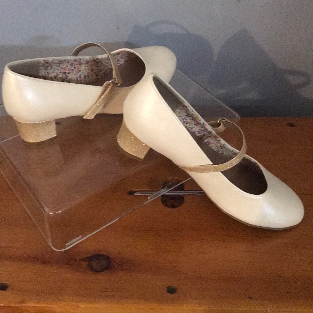 LOLLIPOP/ SIZE (GIRLS 1 1/2) TAN/GOLD DRESS HEELS